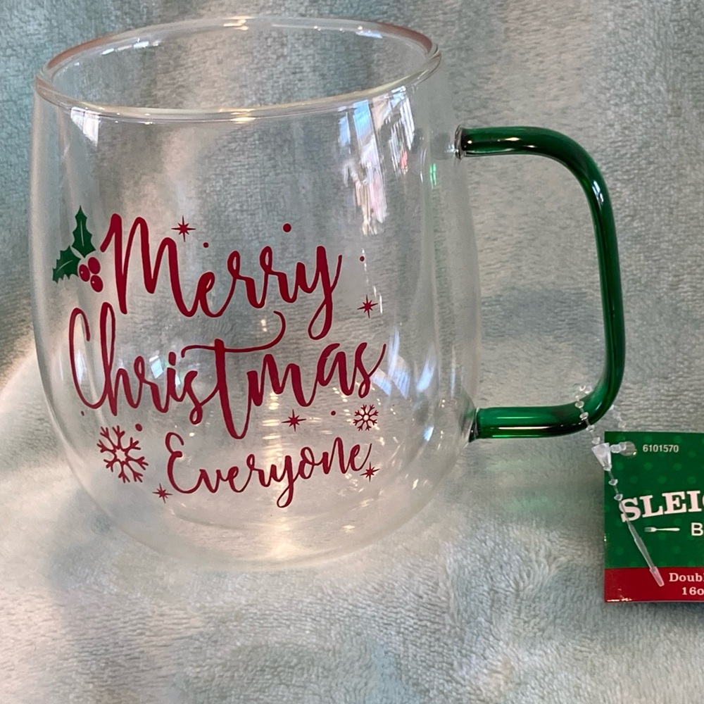 New Sleigh Bell Bistro Clear Double Wall Glass Mug Red Merry Christmas Everyone